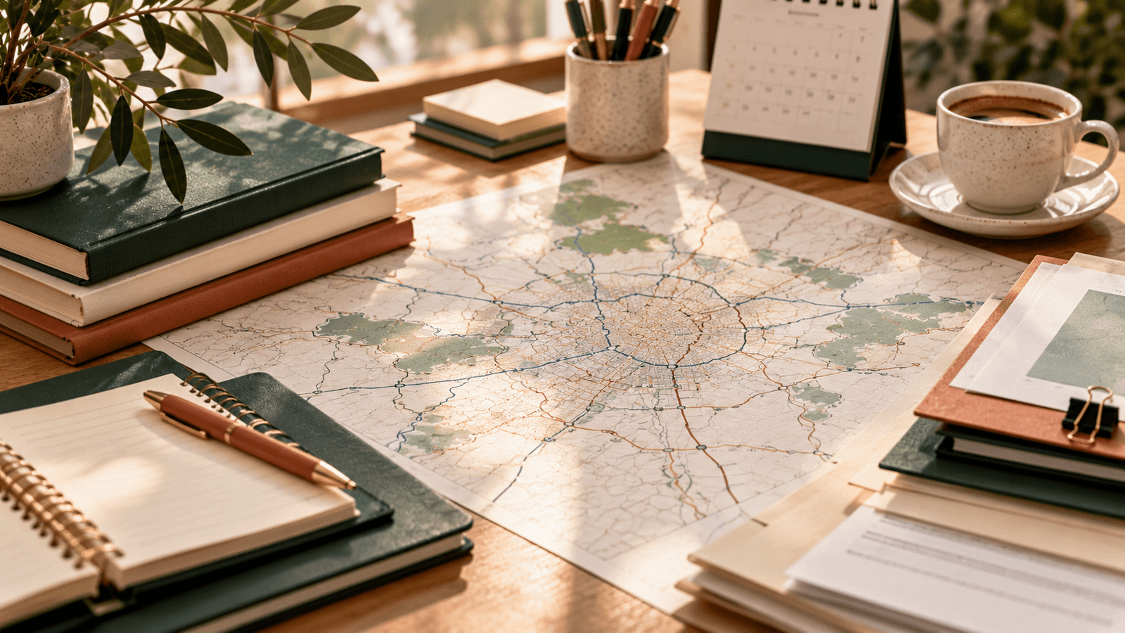 Escritorio con un mapa urbano y material de planificación para comparar destinos de la AGE en Madrid